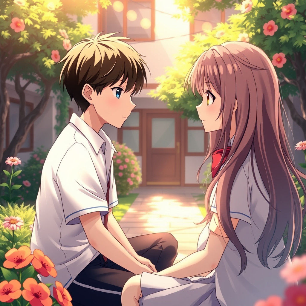 Anime Style: Shy Boy Gazing at Girl in Courtyard