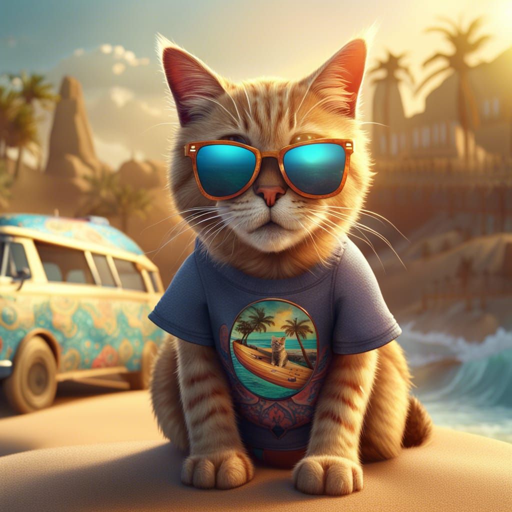 Cat Surfer in T-Shirt: 8K Digital Art