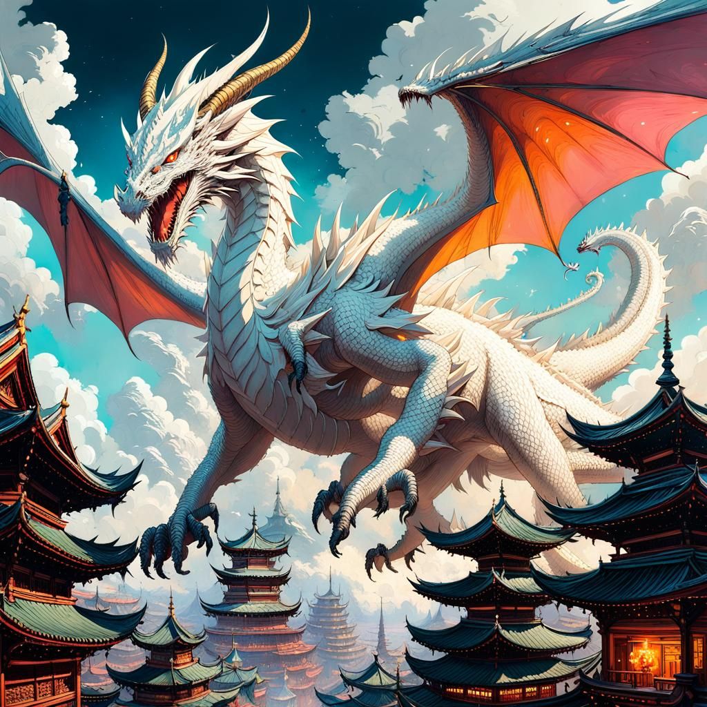 Epic White Dragon Flight: Anime-Inspired Illustration