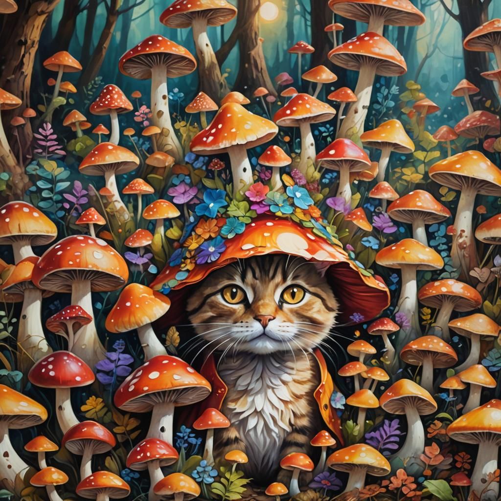 Cat Dressed as Mushrooms in Mystical Forest