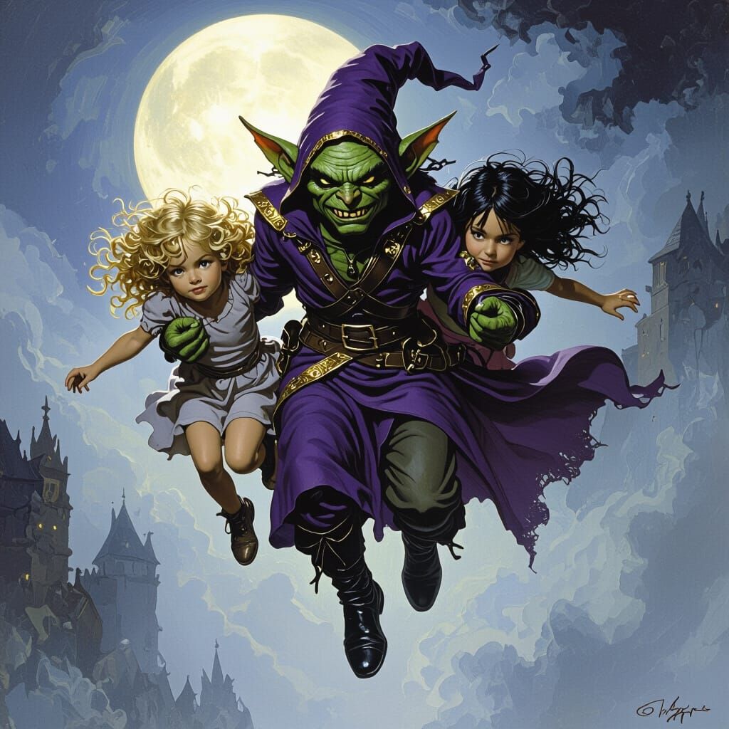 Goblin Soaring with Children in Fantasy Art Style