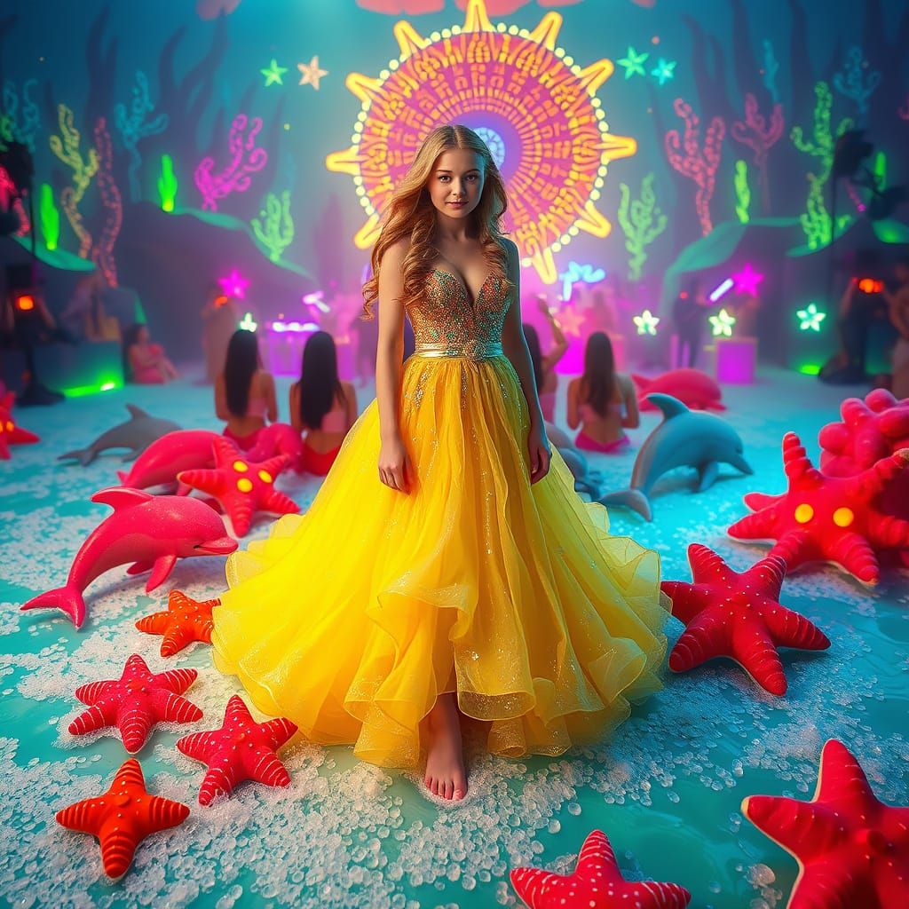 Dreamlike Concert Scene with Woman on Cake Platform