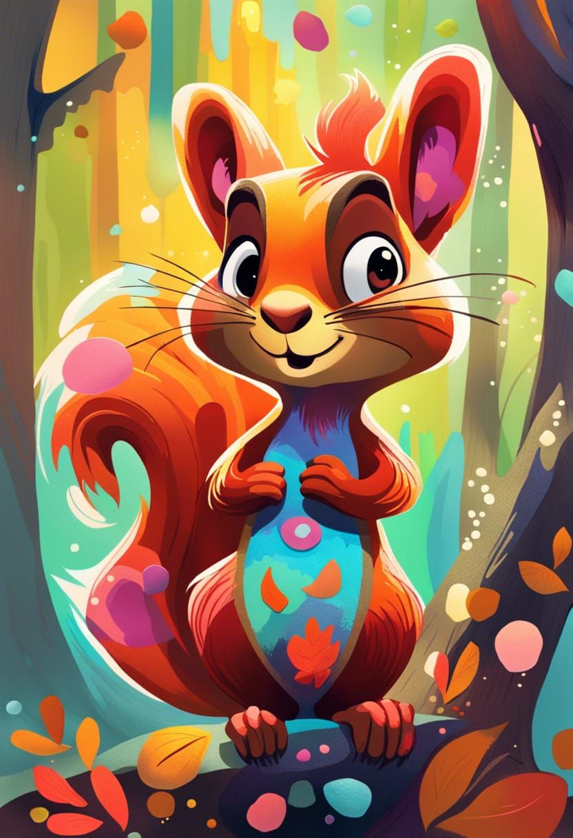 Cartoon Squirrel in Forest with Impasto Details