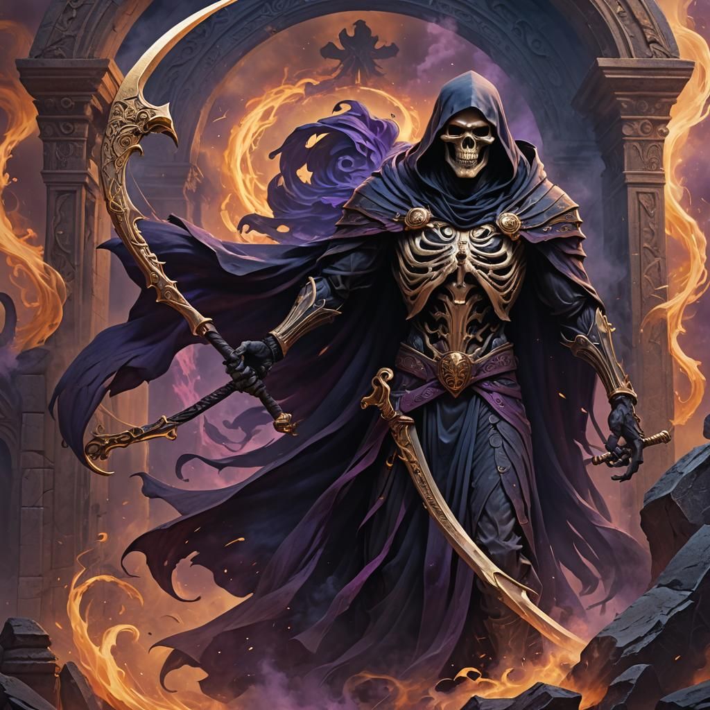 Muscular Grim Reaper with Scythe in Heaven's Gate Style