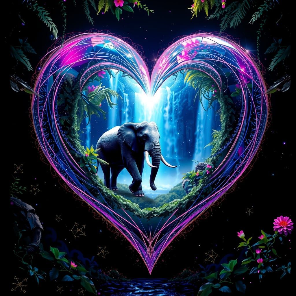 Majestic Holographic Heart with Jungle Waterfall and Regal E...