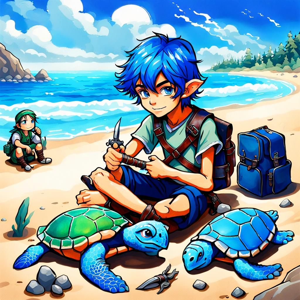 Teen Elf Druid with Sea Turtle, Anime Art