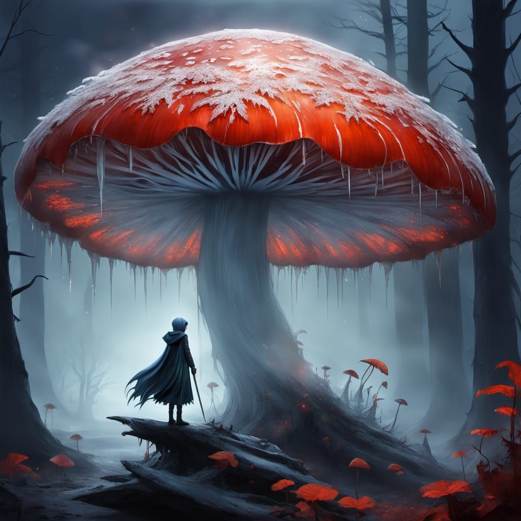 unconventional fairy under a frozen mushroom