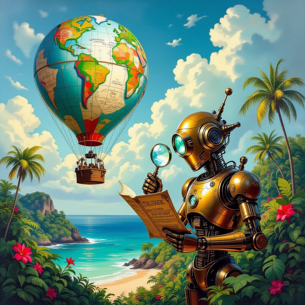 Baroque Surrealist Robot Explores Tropical Island