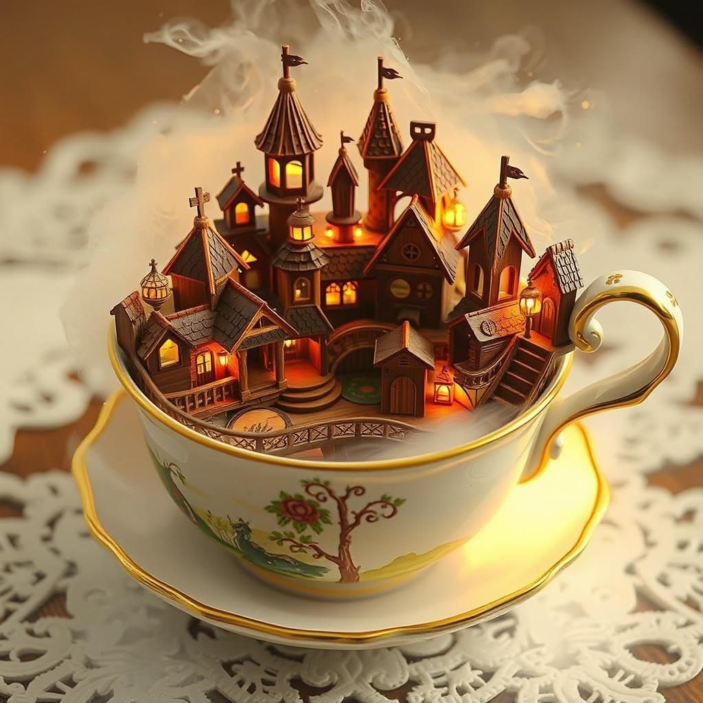 Miniature Wooden Town in Teacup with Ethereal Mist