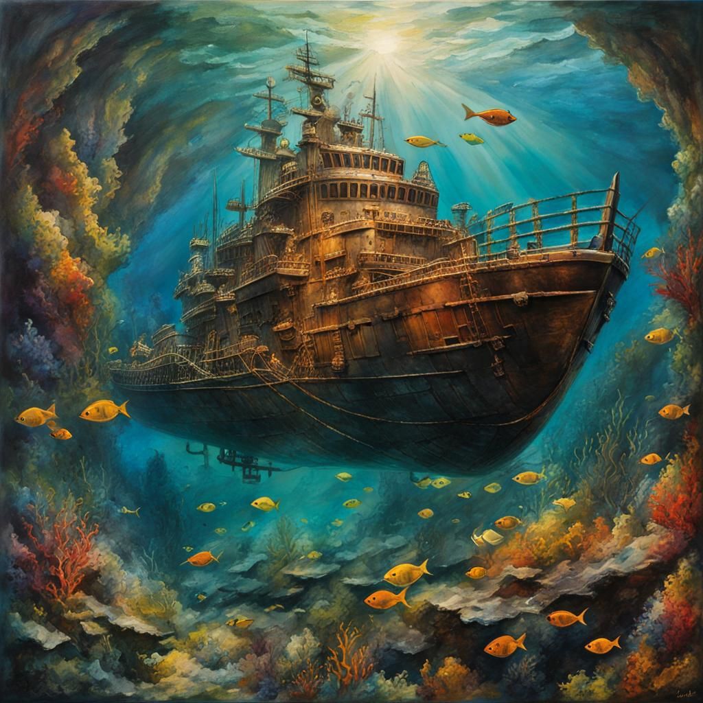 Underwater Sunken Frigate: Mixed Media Collage