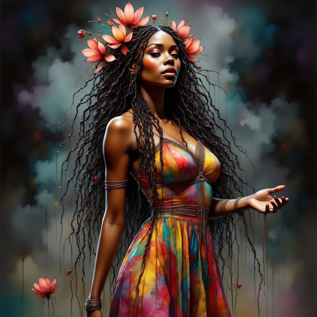 Elegant Woman with Lotus Flowers in Art Nouveau Style