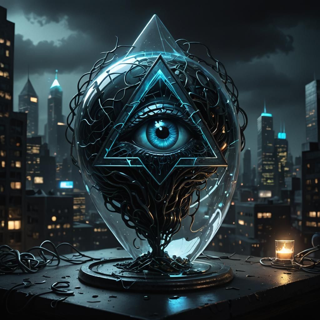 Glowing Glass Eye and Brain in Dystopian Cityscape