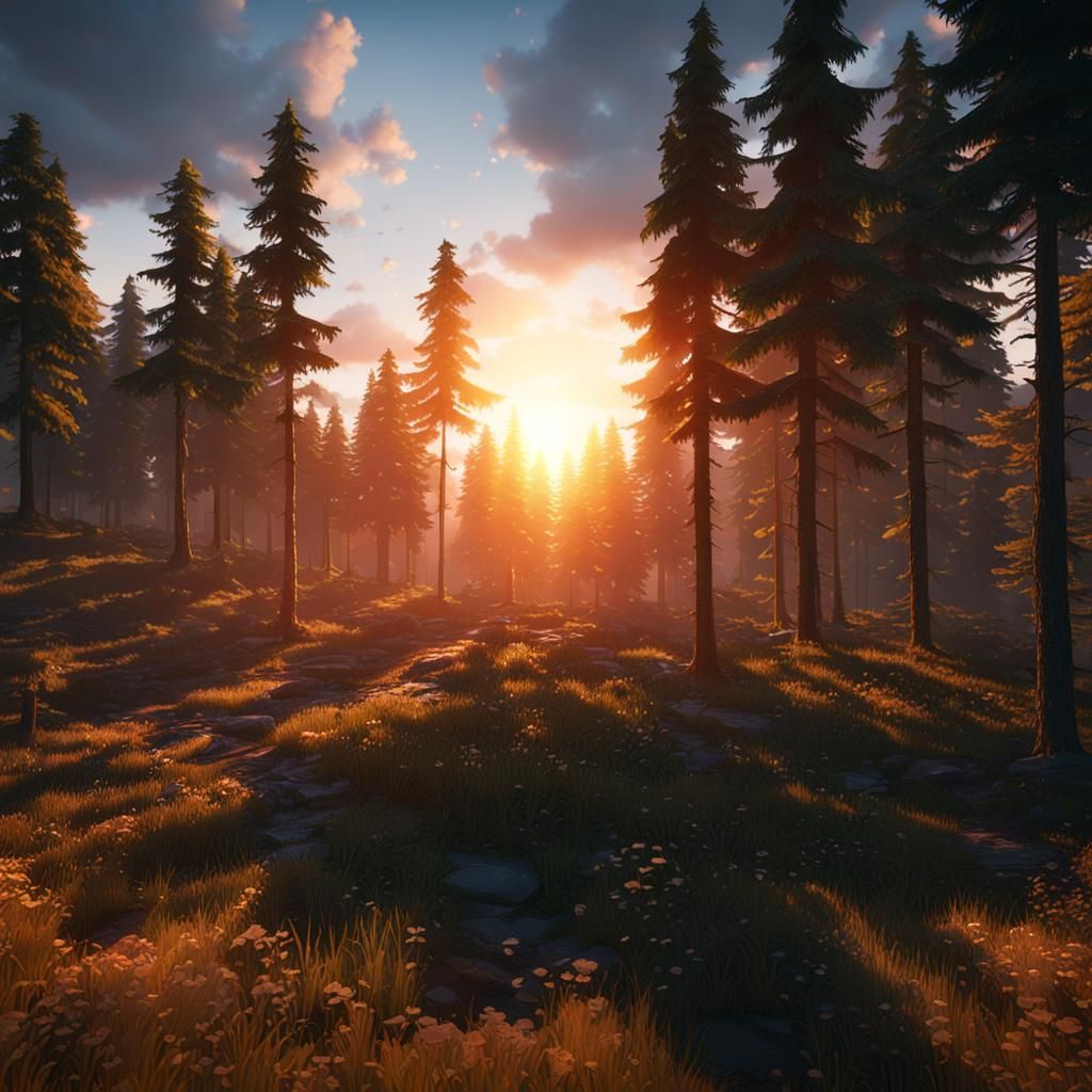 Dramatic Sunset Over Evergreen Forest in 3D