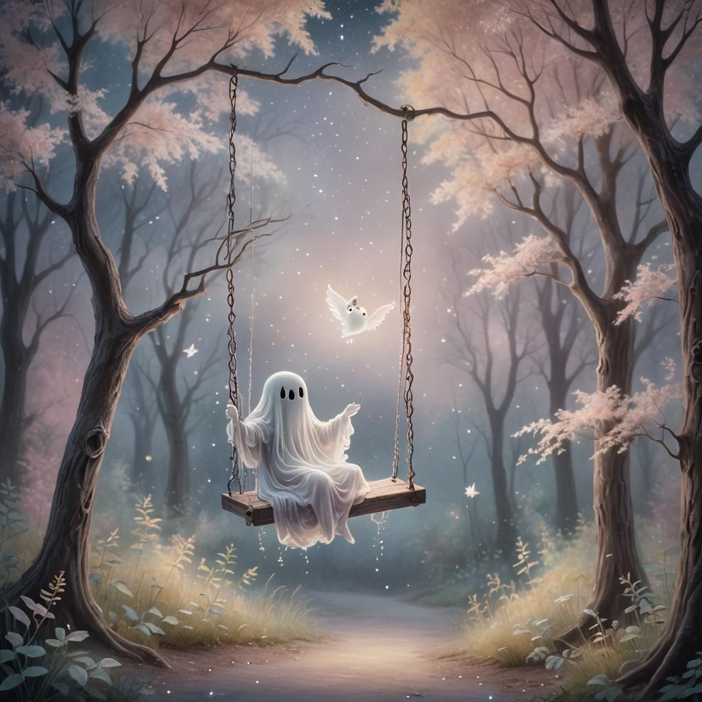 Ghost on Swing in Mystical Forest: Pastel Chalk Art