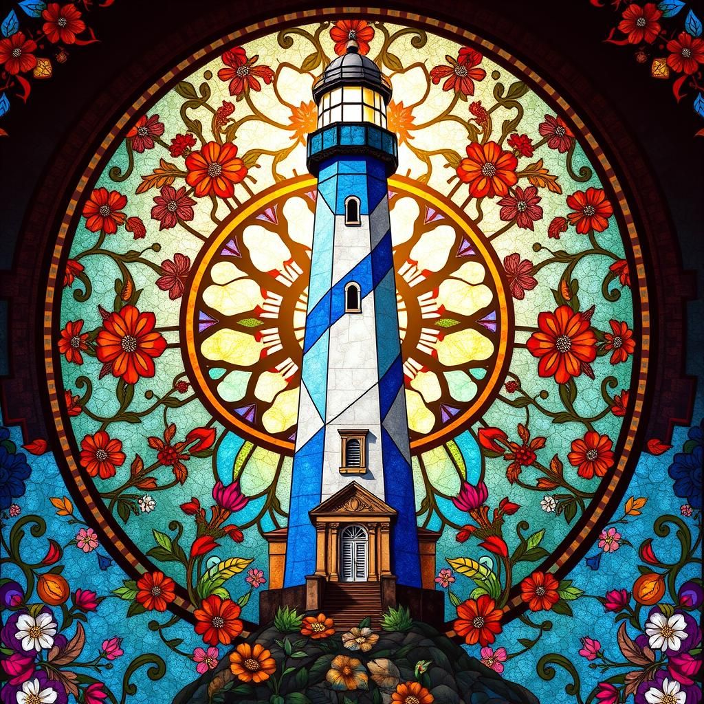 Lighthouse in Stained Glass Style with Floral Patterns