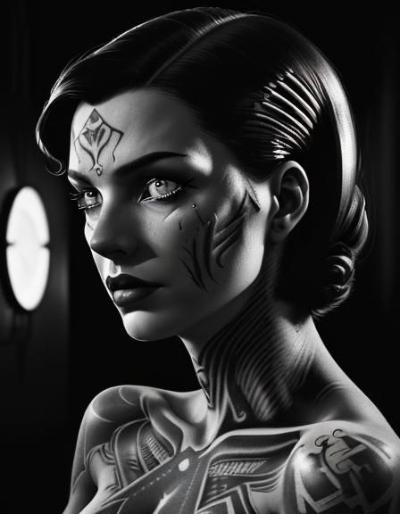Tattooed Skin in Expressionistic Film Noir Style