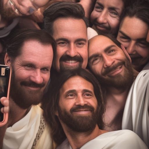 Jesus taking a selfie with his smartphone during last supper Close-up portrait, color portrait, Linkedin profile picture...