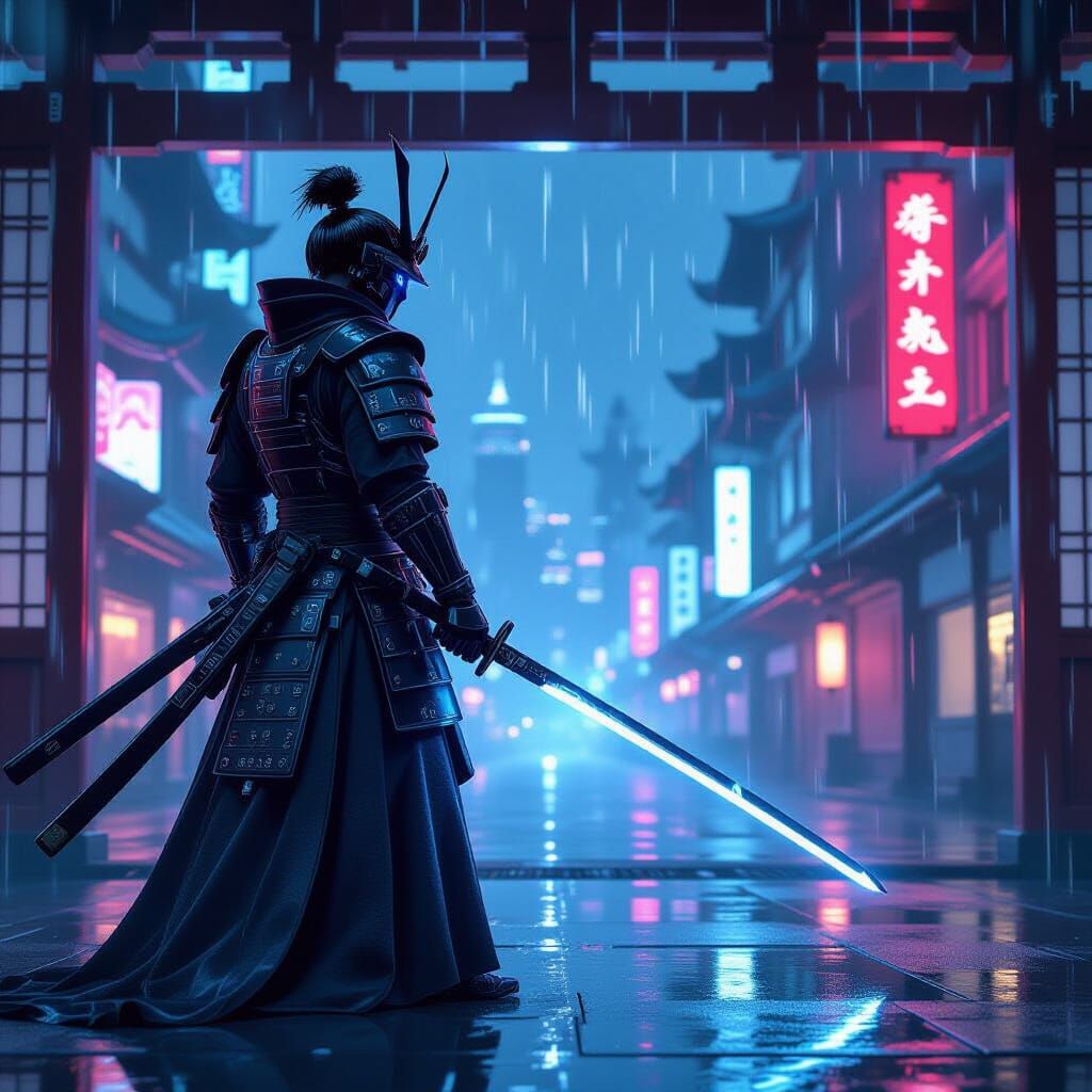 Cyberpunk Samurai Guarding Neon Dojo