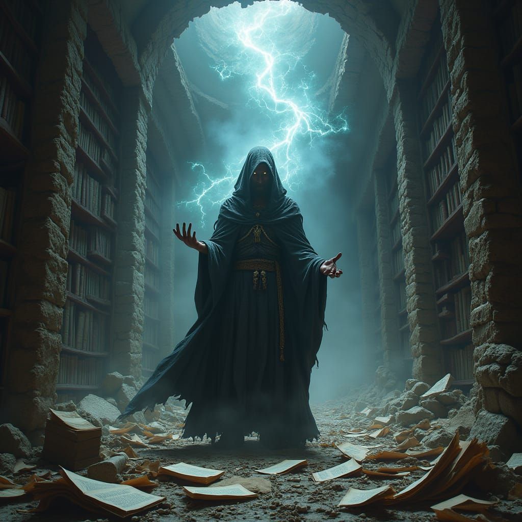 Warlock Unleashes Dark Magic Amidst Ruined Library