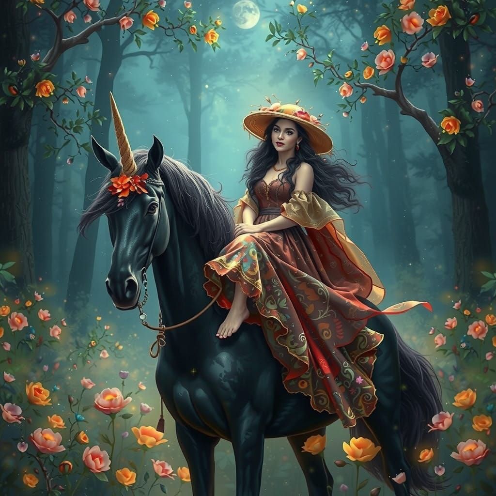 Dreamy Bohemian Woman Rides Majestic Unicorn in Vibrant Flor...