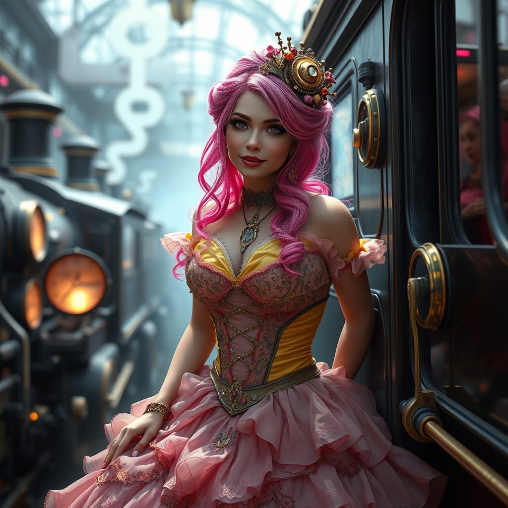 Steampunk Train Journey with Pink Haired Woman