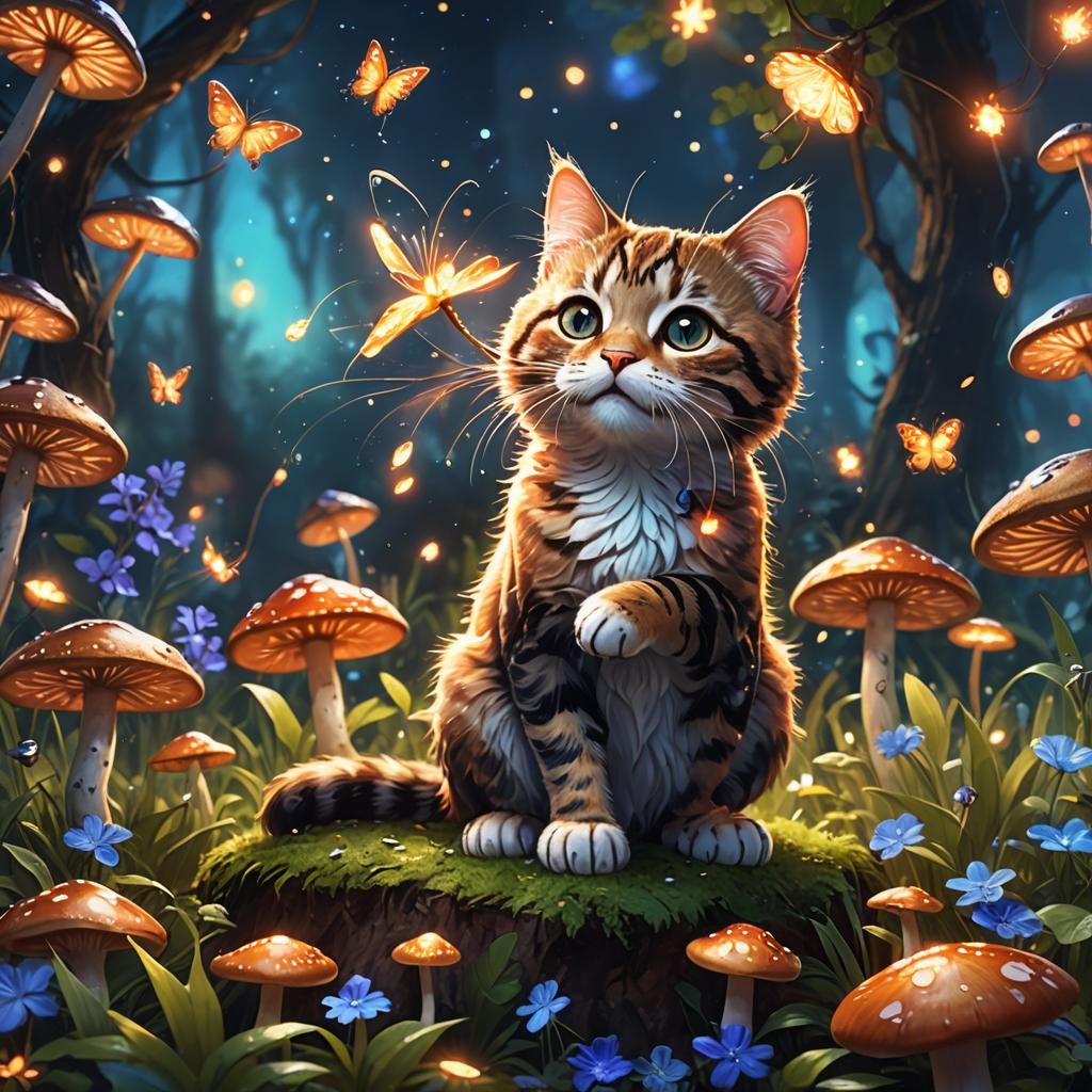 Cute Cat Meowing on Mushroom in Fantasy Illustration