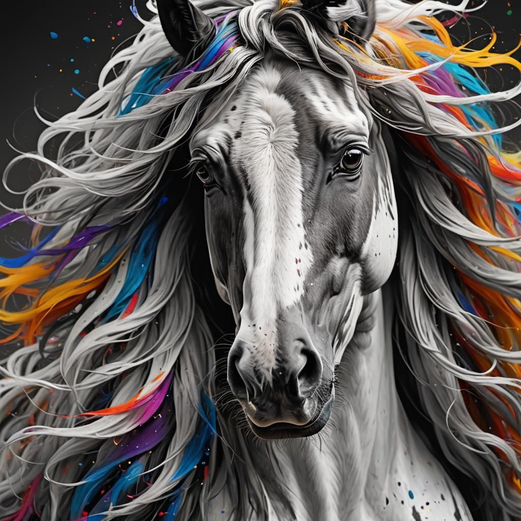 Striking Horse Portrait with Colorful Feathered Mane