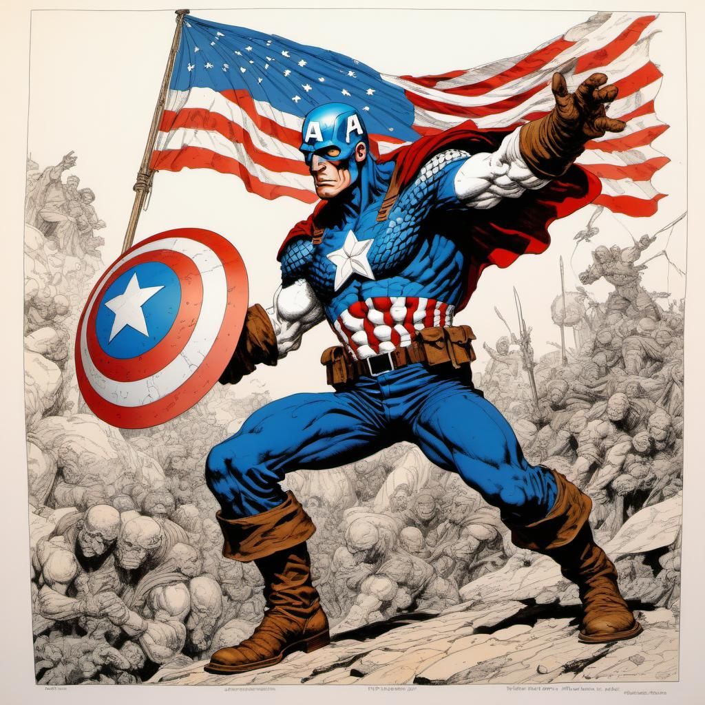 Captain America in Color Ink Drawing Style