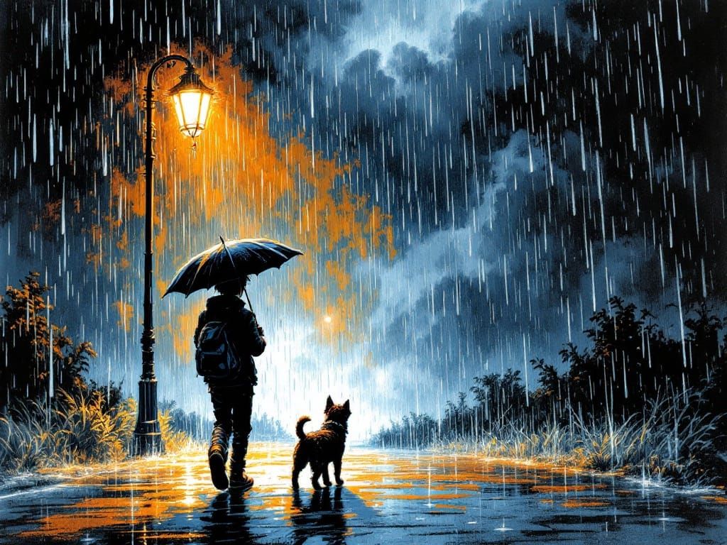 Hyperrealistic Pen-and-Ink Illustration of Boy in Rain