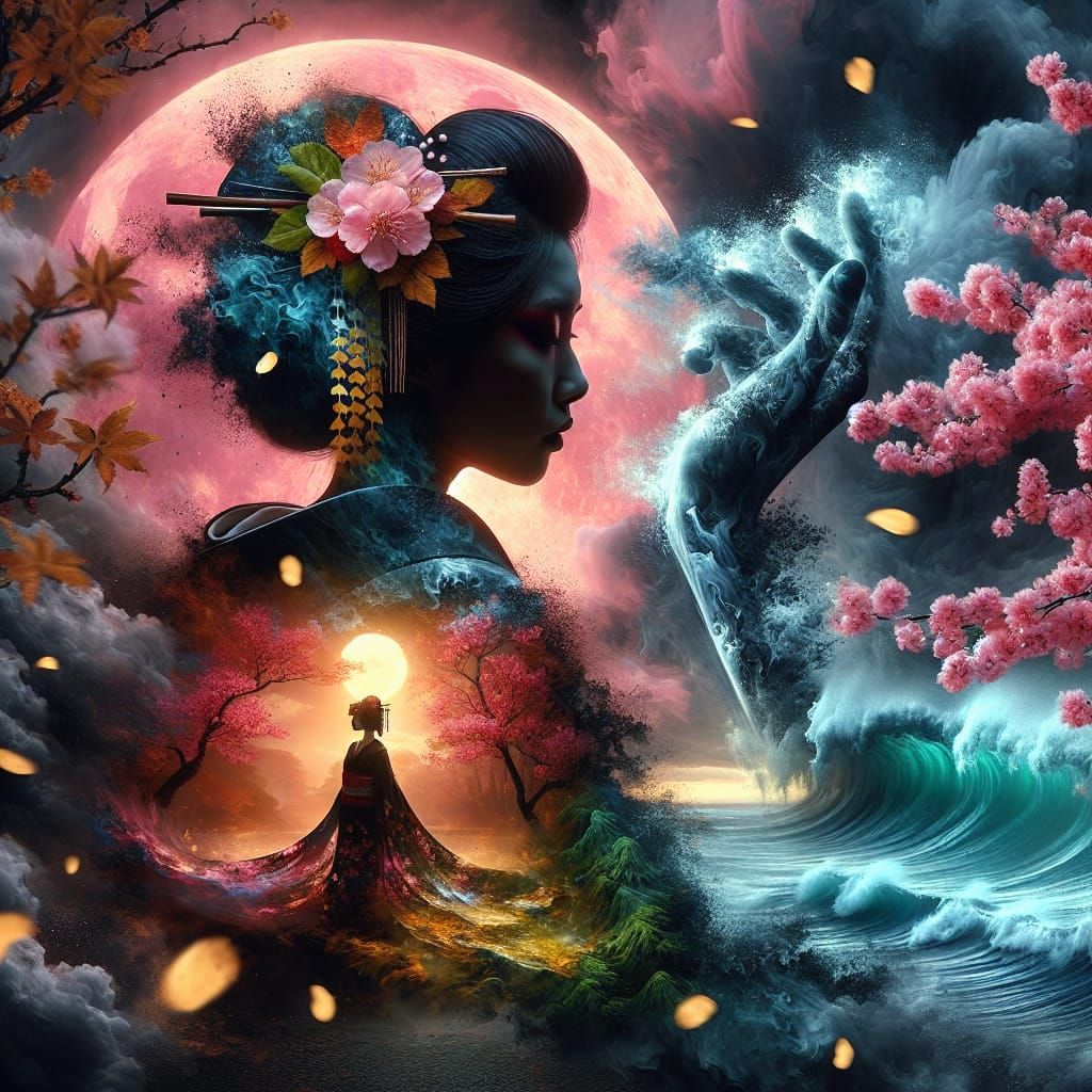 Geisha Silhouette in Moonlit Garden: Digital Oil Painting