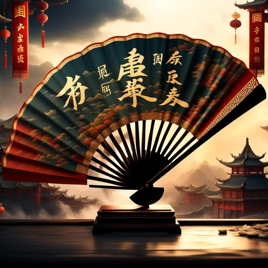Ornate Chinese Fan with Calligraphy: Digital Matte Painting