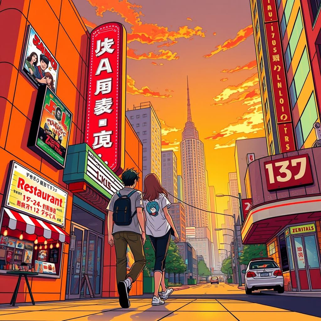 Couple at Cinema in Anime Key Visual Style