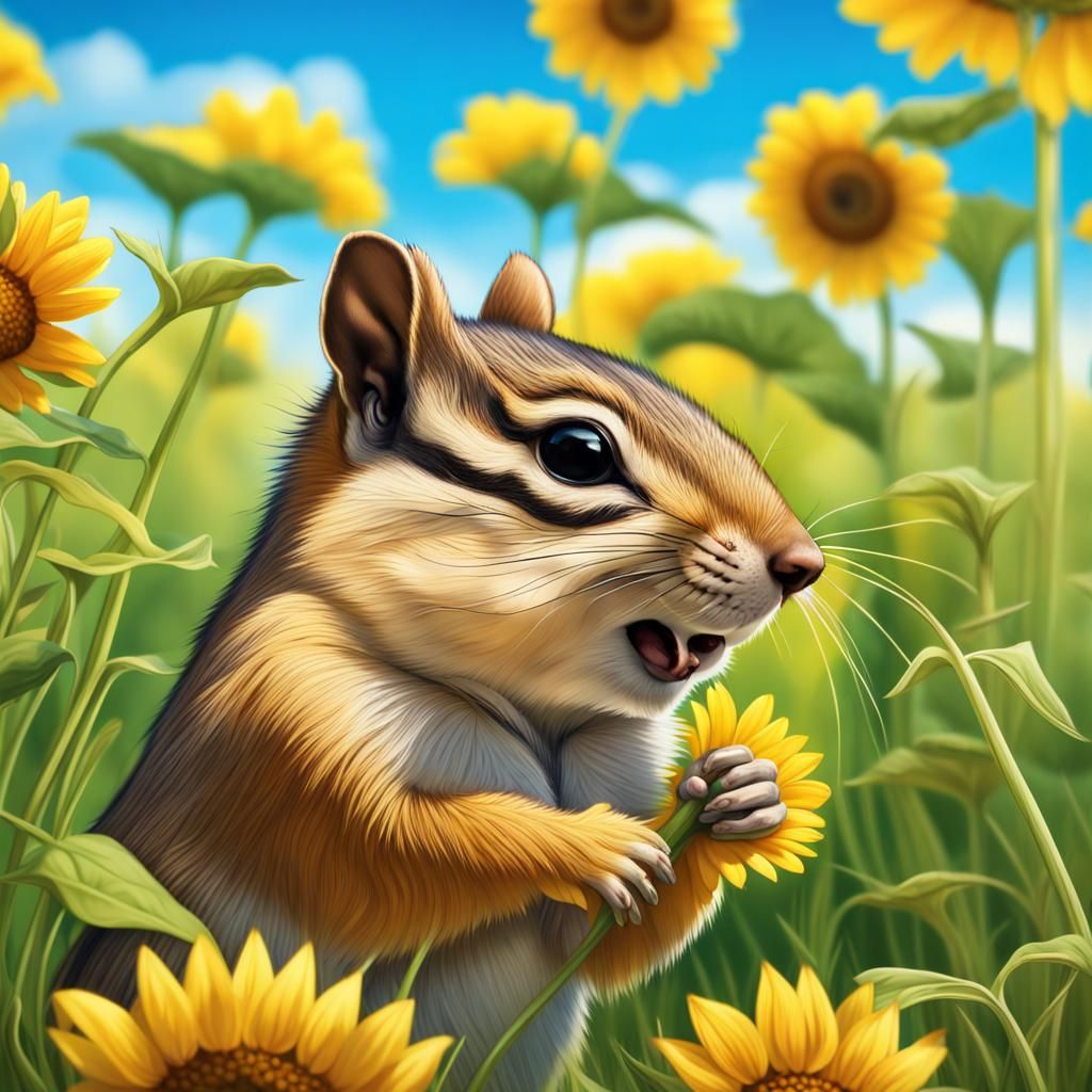 Chipmunk Smelling Sunflower in Lush Field