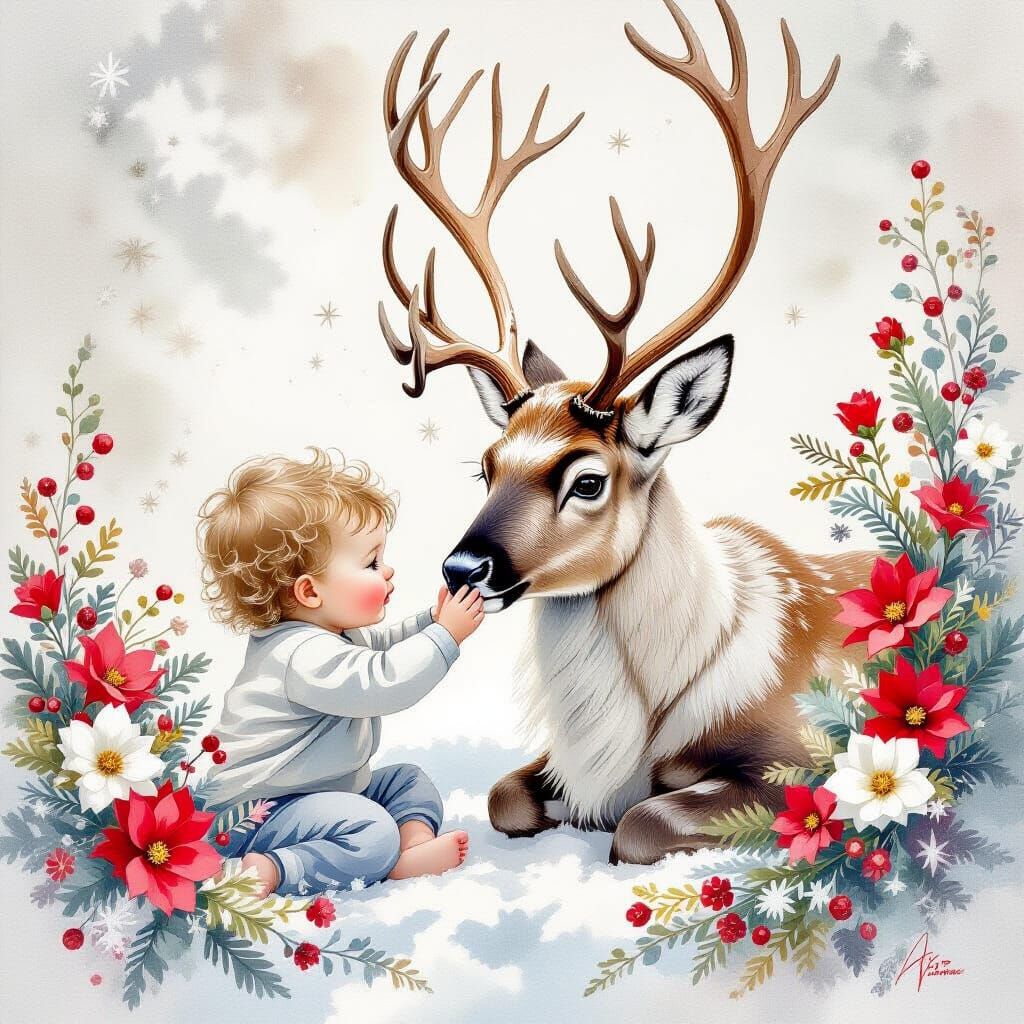 Children Petting Reindeer with Christmas Flowers