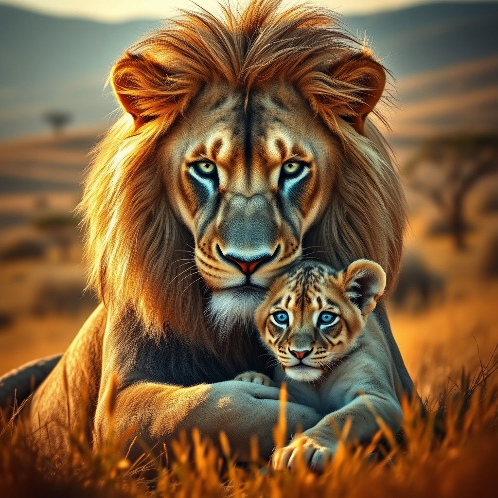 Lion and Cub: Majestic Savannah Scene in HDR