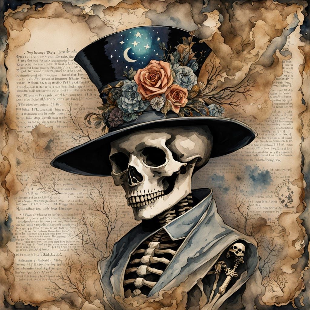 Victorian Era Skeleton in Elegant Hat Discovers Tarot Cards...