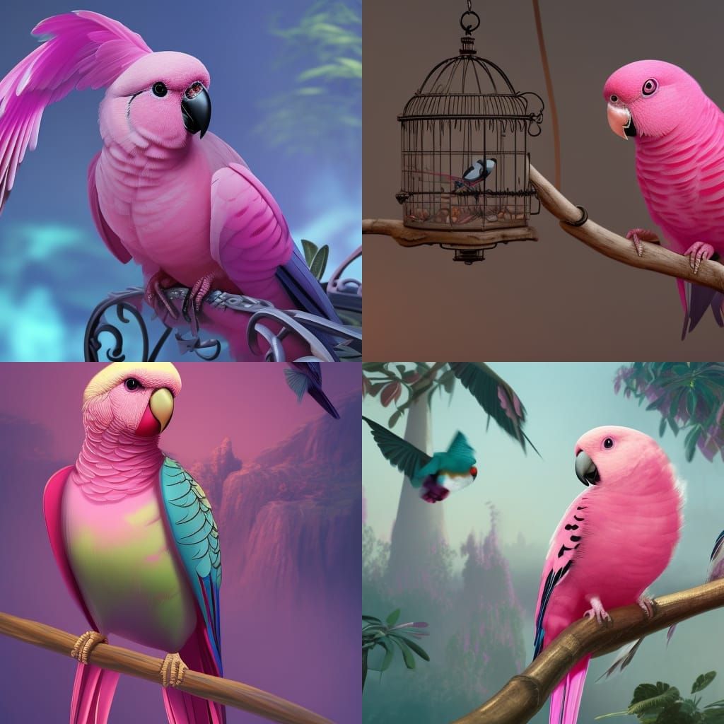Pink Parakeet in Bird Cage: Detailed Digital Painting