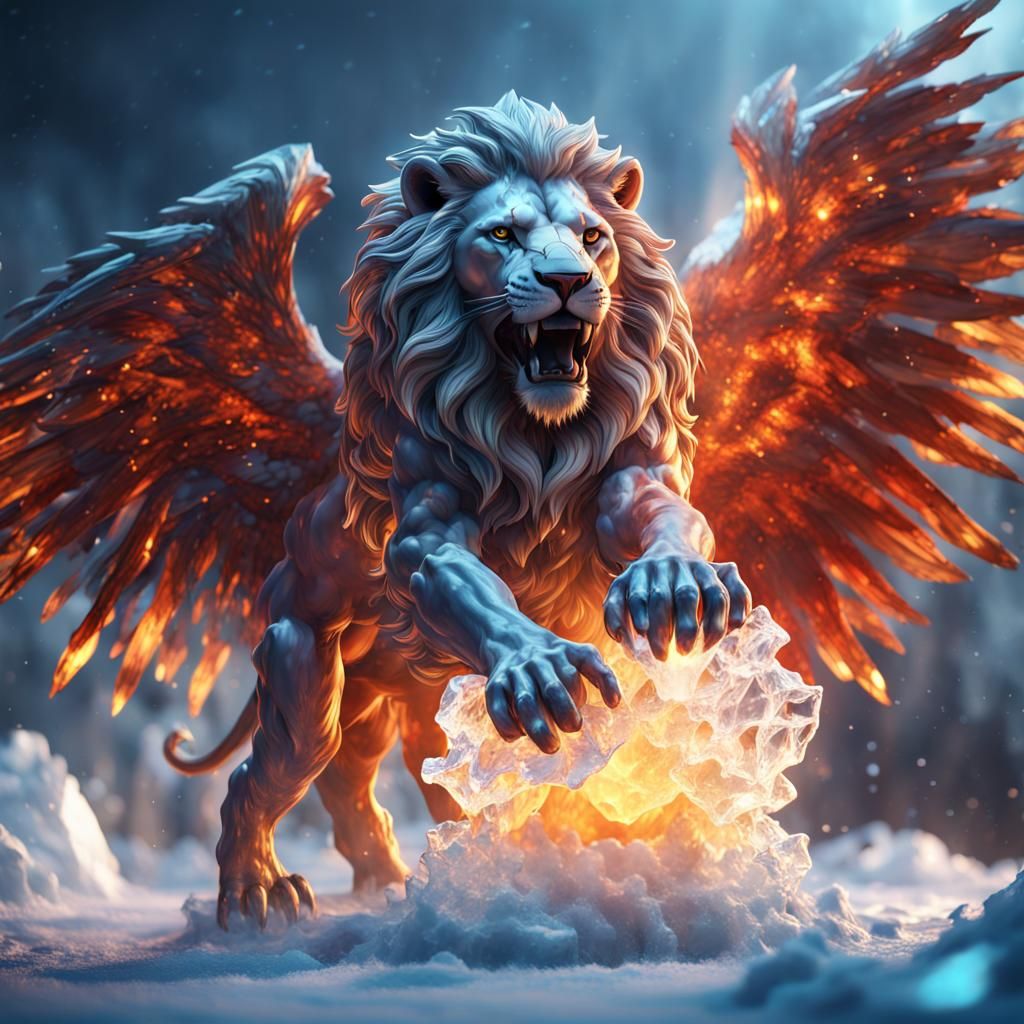 Icy Lion Sculpture with Fire Accents