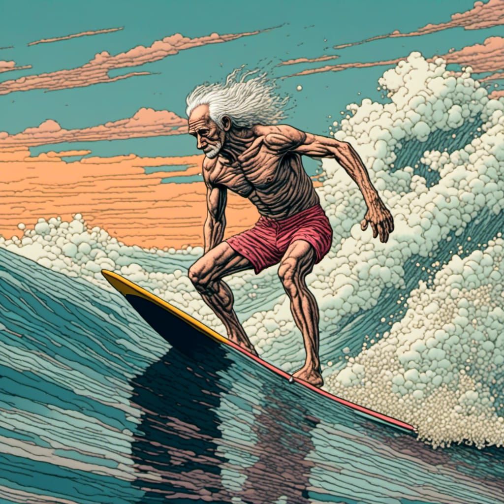 Old Surfer with Colorful Sky, Scratchboard Style