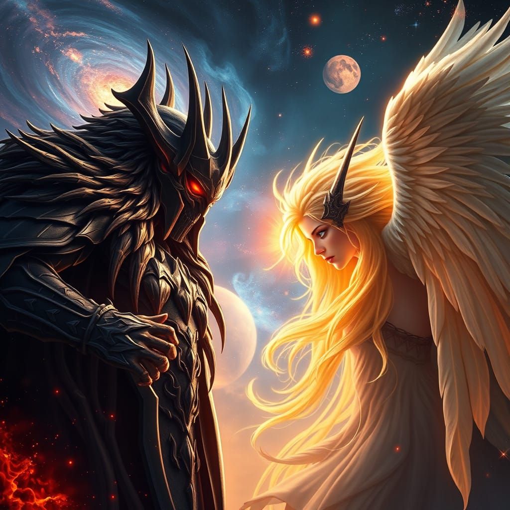 Epic Dark Lord vs Angel Clash in Cosmic Galaxy