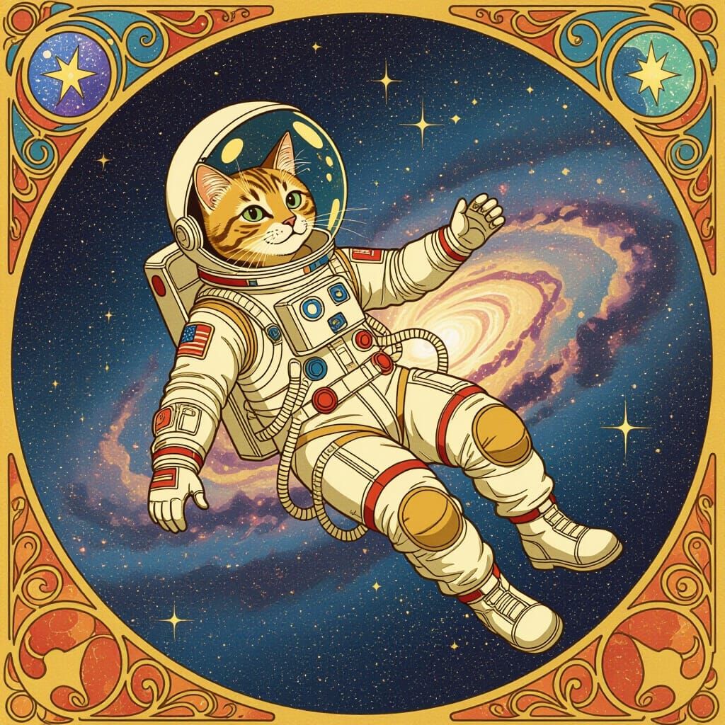 Astronaut Cat Floating in Space, Art Nouveau Style