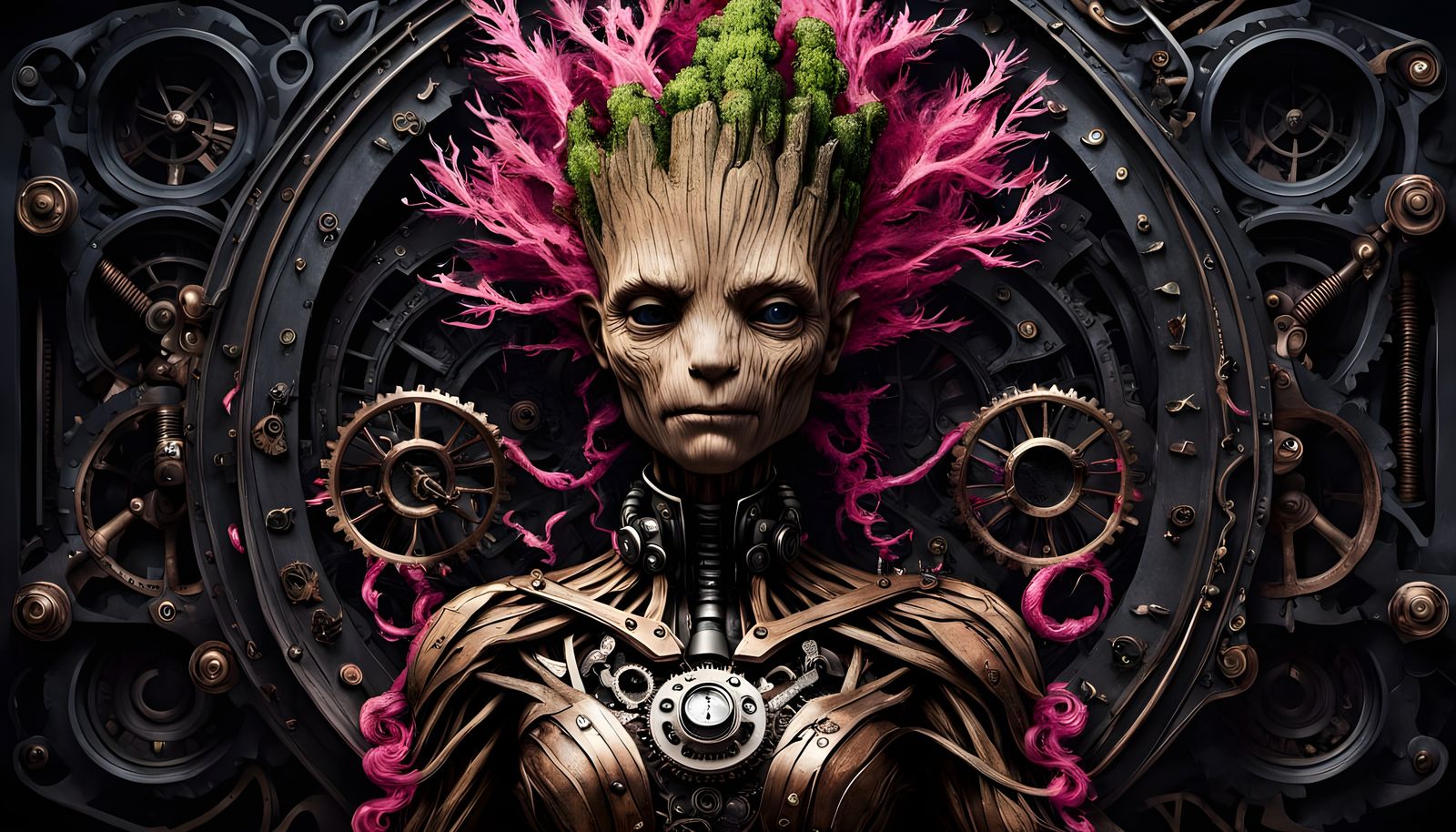 Steampunk Female Groot Portrait in Hyperrealistic Style