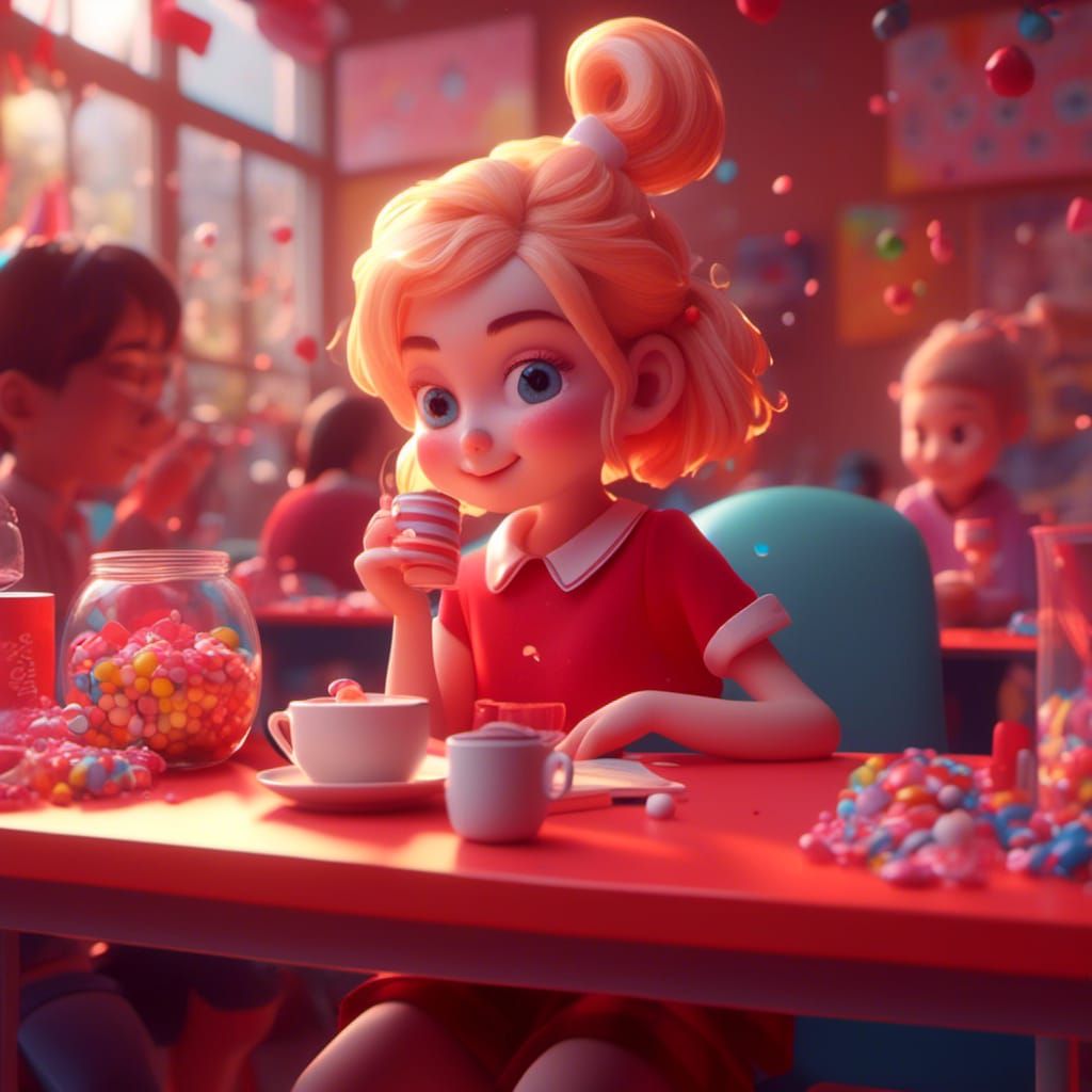 Student in Classroom with Coffee, Candy Art Style