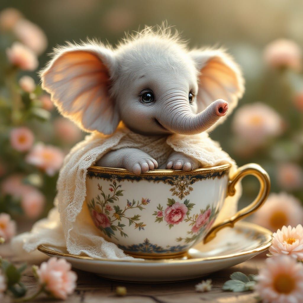 Baby Elephant in Teacup, Digital Illustration