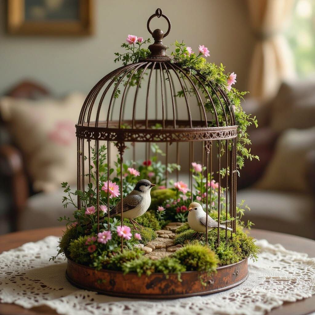 Lush Miniature Garden in Rusted Birdcage Diorama