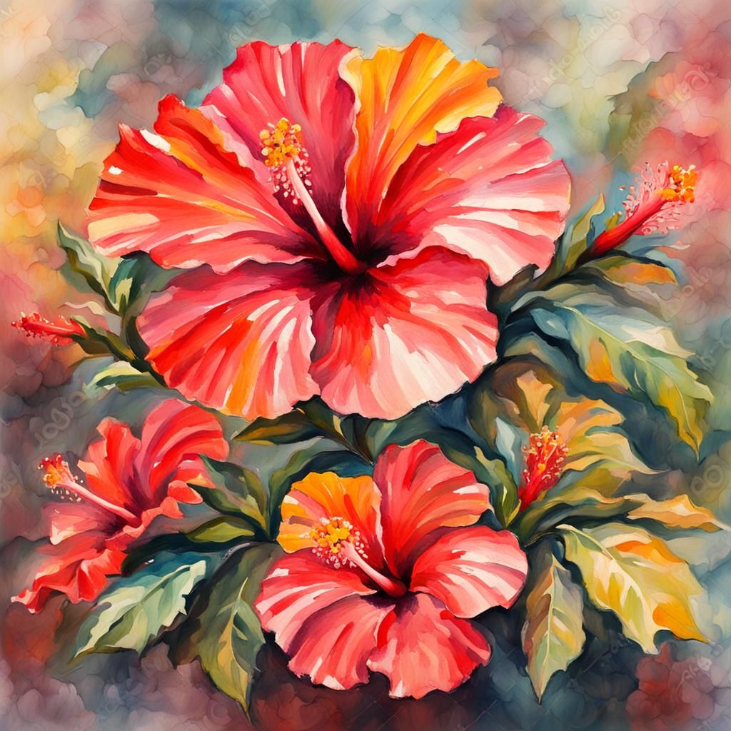 Hibiscus Flowers as Gouache Impressionist Painting