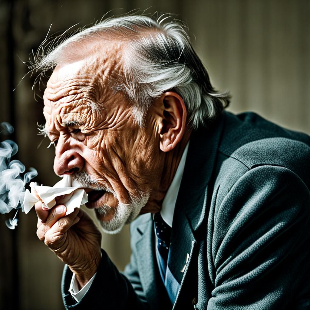 Elderly Man Mid-Sneezing Action
