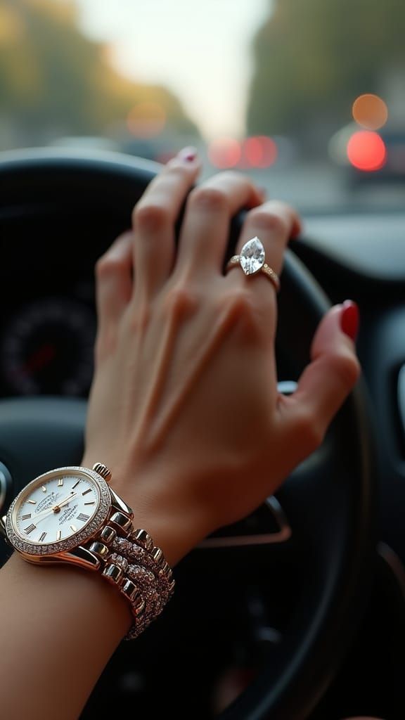 Elegant Hand on Steering Wheel, Cinematic Artistry