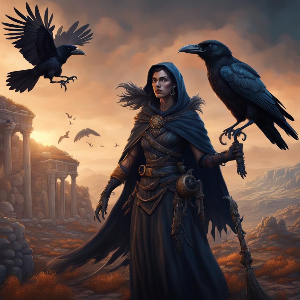 Greek Witch with Sickle and Raven