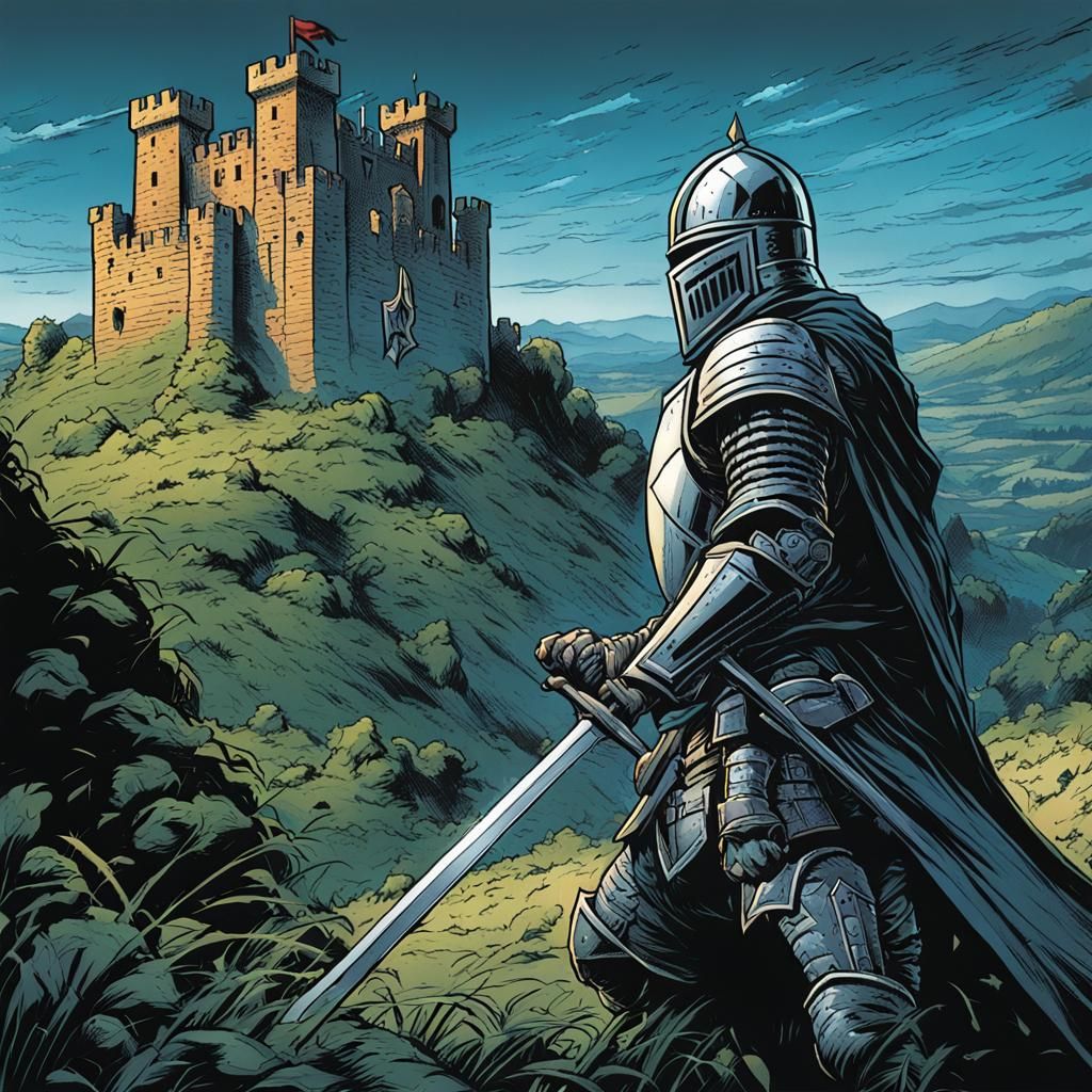 Knight Defends Castle in Comic Book Style